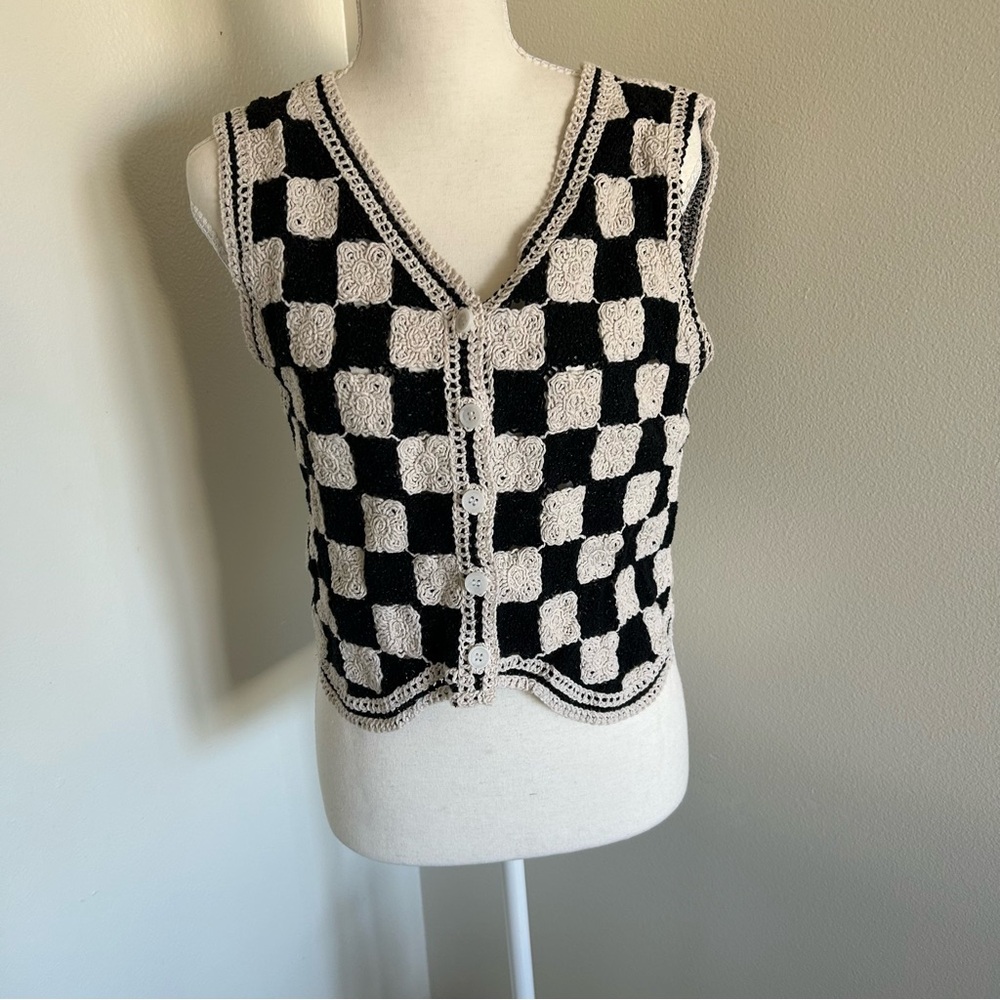 Handmade Crochet Checkerboard Button Front Vest | Black & Cream | Sleeveless